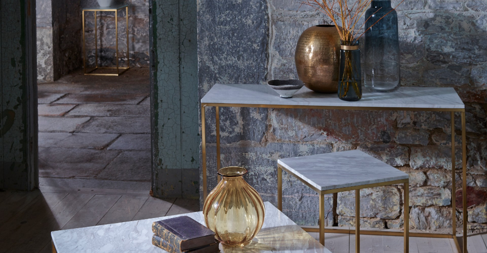 Kensal Square Tables White Marble With Brass Base by Gillmore © GillmoreSPACE Ltd